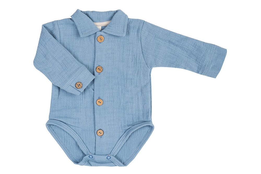 Makoma Muslin Shirt Bodysuit with Collar – Blue